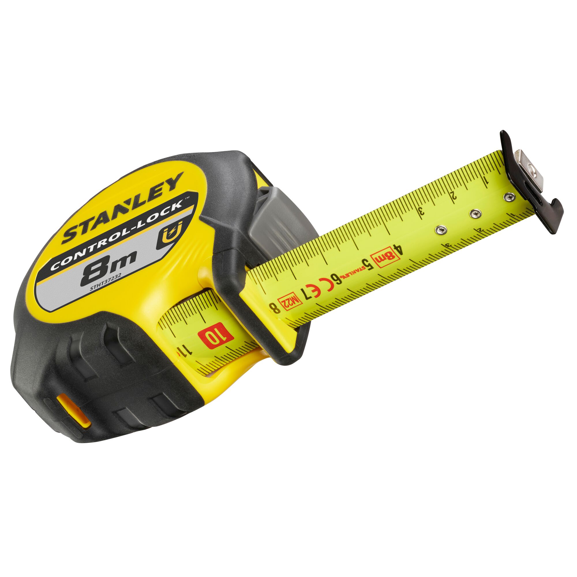 STANLEY STHT37232-0 tape measure, yellow and black, 8m length, side angle on white background.
